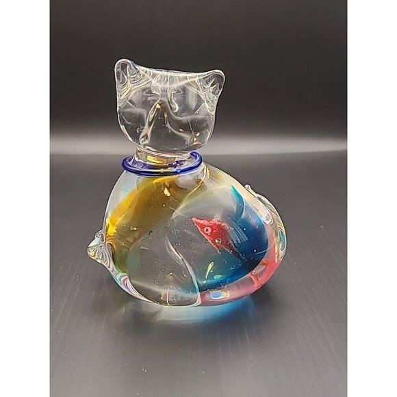 Vintage Clear‎ And Swirl Glass Cat Gold Fish Bowl Blue Paperweight Figure  4 In - Picture 4 of 10